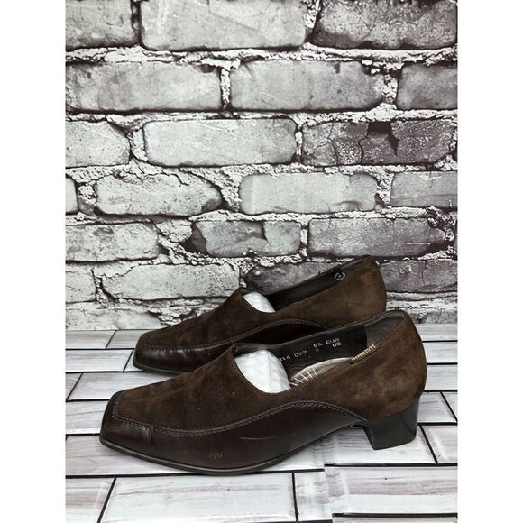 Mephisto Brown Suede Leather Square Toe Split Toe Loafers Heel Shoes Women Sz 9M - Picture 1 of 16
